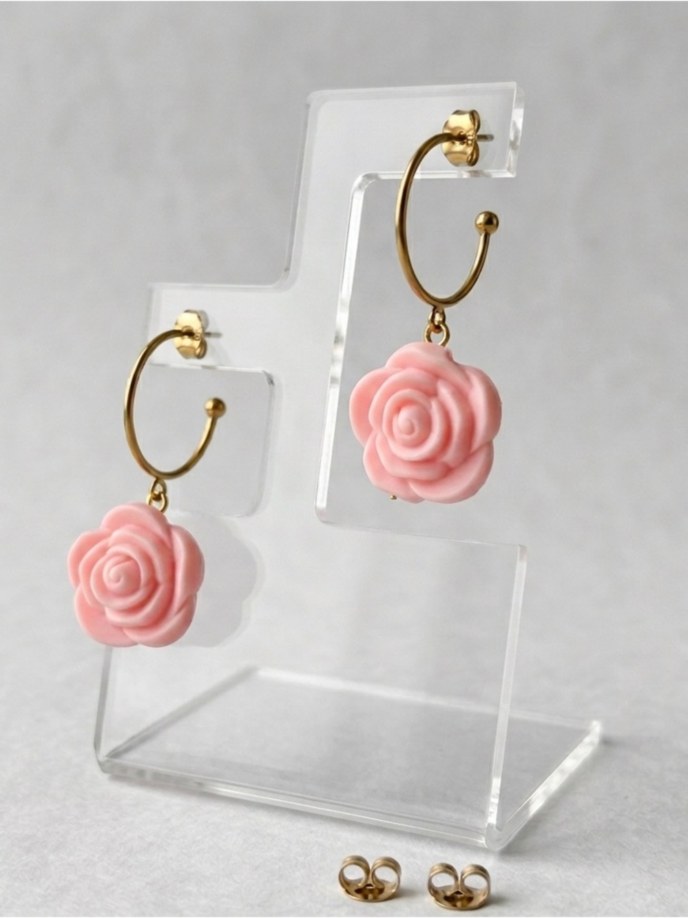 Gold-Tone Hoop Earrings with soft Pink Rose Charm